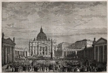 Folkmassan rusade till Petersplatsen i Vatikanen för att ta emot påskens stora välsignelse av påven Pius IX (1792-1878). Gravyr för att illustrera historien om Stilla veckan i Rom, 1863, av Ludovic Celler, i "Le tour du monde, nouveau journal des voy
