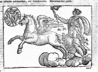 Gryningen (solens vagn). Allegori över soluppgången med karaktärerna från den grekiska och romerska mytologin på himlen. Gravyr från "Mythology and Explanations of Fables" av Natalis Comitis. 1637.