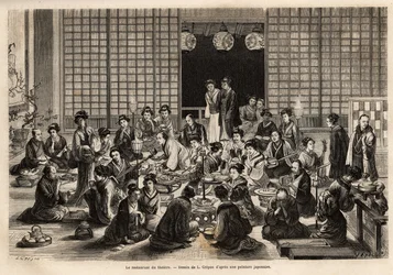 Matsalen på Yokohama Theatre är permanent fylld, även under föreställningen. Gravyr för att illustrera resan till Japan, av Aime Humbert, minister för Schweiziska edsförbundet, 1863-1864, publicerad i "" le tour du monde", under den svåra