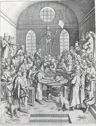Dissektionsgruppen av läkare och forskare återförenades för att följa en dissektion i en amfiteater. Gravyr från 1788