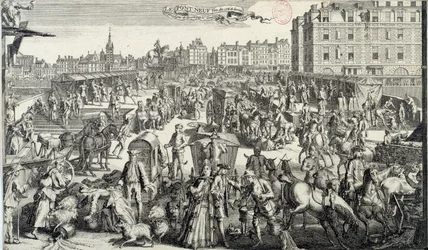 Pinsamt för Pont Neuf i Paris. Illustration av trafik och trafikstockningar på gatorna i Paris på 1700-talet. Gravyr från 1710. Paris, Musee Carnavalet