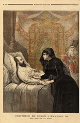 Kejsaren (tsaren) av Ryssland Alexander III (1815-1894) på sin dödsbädd, från 1881 till 1894, visade hans rege en autokrat utan eftergift, som ledde en fredlig utrikespolitik och frivilligt närmande till Frankrike. Gravyr i "" Le petit journal
