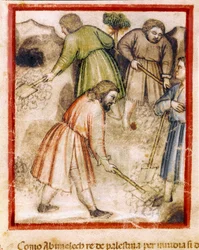 De avundsjuka filistéerna fyller de ihåliga brunnarna av Isaac Miniature från codex 212 (eller padovano codice eller Bible of Padua) 1390-1400 Rovigo, Accademia dei Concordi