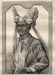 Expeditionen runt om i världen (1790-1792) av kapten Etienne Marchand (1755-1793): porträtt av kungen på ön Timor (Indonesisk ögrupp) - illustration hämtad från "The Great Mariners of the 18th century"