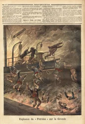 Explosionen av "Petrolea", en engelsk ångbåt som fraktar olja, i Blaye, på Gironde. Gravyr i "" Le petit journal"" 1892-06-04. Selvas samling.