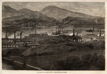 Fabrikerna i Taff Valley. Teckning av Durand Brager, för att illustrera ett besök på de stora fabrikerna i Wales 1862, av L.Simonin. Gravyr i "" Le tour du monde"", redigerad av Edouard Charton