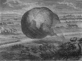 Bollens fall "" The Giant"" på Hannovers slätter 1863 med ombord: Jules och Louis Godard, Felix Nadar, hans fru, Fernand Montgolfier och Thirion. I” Album de la Science”, Éditions Jouvet