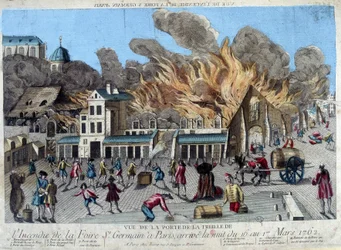Branden på Saint Germain-mässan i Paris, natten mellan den 16 och 17 mars 1762, sett från dörren till Treille. Gravyr av 1700-talet