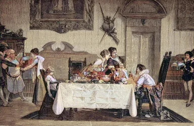 Den förstfödda manliga avkomman, barnmorskan, visar den nyfödda sonen för de andra familjemedlemmarna