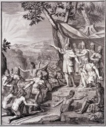 Den första inkaen Manco Capac och drottning Coya Mama Oello Huaco hans hustru, båda solens barn, samlar vildarna - i "" Historisk resa i Sydamerika utförd på order av kungen av Spanien"" av Don Georges Juan & Don Antoine de Ulloa, T.II, red. Jombert,