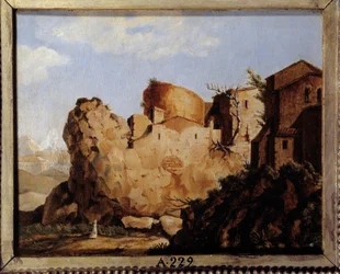 Napoleon Bonapartes hem (1769-1821) och citadellet på Korsika, nyckfull komposition Landskapet återger Napoleons profil genom optisk illusion. Anonym målning 1822 Aix Island, Napoleons museum