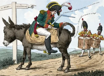 En modern hjältes resa till ön Elba. En modern hjältes resa till ön Elba. Denna tecknade serie visar Napoleon Bonaparte sittande på en åsna på vägen från Fontainebleau till ön Elba; han håller en svärdskasse i ena handen och den