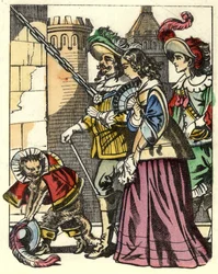 Kungen, prinsessan och markisen av Carabas anländer till ogrenens slott före kattstöveln. Illustration av berättelsen "The cat botte" av Charles Perrault
