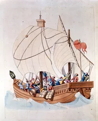 Lastningen av en karavel från 1200-talet är på havet.