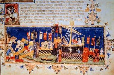 Lastningen av båtar för miniatyrkorståget från "" Statutes Of The Order Of The Holy Spirit (Order of the Holy Spirit) to the Right Desir"" (Order of the Node) 1352 Paris, B.N.