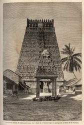 Huvudgopuramen i templet Rama a Combaronum, som består av 11 våningar och toppas av 11 bollar, de olika ytorna på detta pyramidformade torn är helt täckta med statyer. Gravyr för att illustrera resan till de meridionala provinserna i Indien, av A