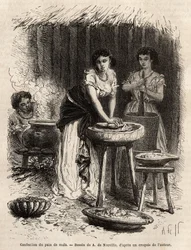 Tillverkning av majsbröd, basen för mat, av kvinnor i Great Cauca Valley (Colombia). Gravyr för att illustrera resan till New Granada, av Dr. Saffray, 1869, publicerad i "" Le tour du monde""" 1873, redigerad av Edouard Charton, upplaga Hachet