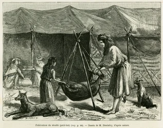 Tillverkning av mjölk av kvinnor från herdar i Karoun-regionen. Gravyr för att illustrera historien La Perse, la Chaldee et la Susiane av Jane Delafoy (1851-1916), akademiofficer, i le tour du monde 1886, regisserad av Edouard Charton (1807-1890), Ha