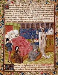 Patienten slås av miniatyrdöden hämtad från "" Le Tresor de Sapience"" (eller "Le traite du jardin amoureux") av Jean Gerson (1363-1429) Chantilly från 1400-talet, Musee Conde