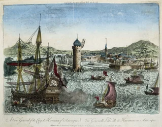 Hamnen i Havanna och den omgivande navigeringen - gravyr