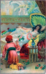 Prinsen och prinsessan. Saga "" Berättelsen om den förtrollade hästen"" i "De tusen och en natt" (de 1001 nätterna eller Le mille e una notte, Arabiska nätter). Kromolitografi från slutet av 1800-talet.