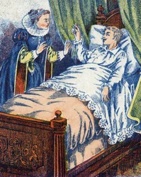 Prinsen visar ringen för sin mamma. Anonym illustration till berättelsen "" Åsneskinn" av Charles Perrault (1628-1703), fransk författare. Bildmaterial Marcel Vagne, Jarville Nancy, odaterat (slutet av 1800-talet).