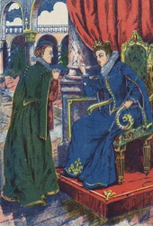 Prinsessan ska rådfråga sin gudmor. Anonym illustration till berättelsen "" Åsneskinn" av Charles Perrault (1628-1703), fransk författare. Bildmaterial Marcel Vagne, Jarville Nancy, odaterat (slutet av 1800-talet).