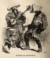 Dockteatern och musikern som följer med honom för gatuunderhållning. Gravyr för att illustrera resan till Japan, av Aime Humbert, minister för Schweiziska edsförbundet, 1863-1864, publicerad i "" le tour du monde", under ledning av Ed