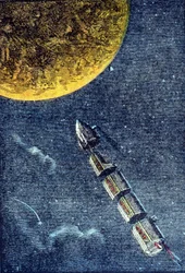 Raketen sköt upp i rymden och anlände till månen - grav. i "Från jorden till månen"" av Jules Verne