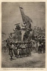 Den kungliga fanan, i sowari (militär procession), i Baroda (eller Vadodara), delstaten Gujarat på Indiens nordöstra kust. Gravyr för att illustrera Rajahernas resa i Indien, av Louis Rousselet, 1864-1868, publicerad i "" Le tour du monde