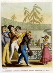 Ordspråket: ”En apa förblir en apa, även klädd i siden” (Kläderna gör inte munken). Illustration ur en samling ordspråk från 1700-talet