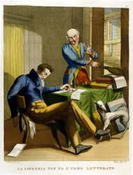 Ordspråket: "Biblioteket får inte människan att odla"". Illustration från en samling ordspråk från 1700-talet.