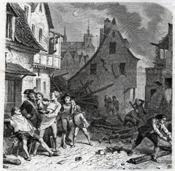 Lilles rakskål. En episod från belägringen av Lille 1792 under de franska revolutionskrigen - Le siege de Lille en octobre 1792 - Revolution francaise - Bombardement av österrikare och preussare - Barberaren använder en halv bomb som skäggfat - engr