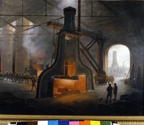 Ånghammaren (trummis), uppfunnen av J. Nasmyth, i aktion använd i metallurgianläggningar i Manchester. Anonym målning