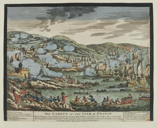 Intagandet av Isle of France (Mauritius), 2 december 1810 (träsnitt, färgad)