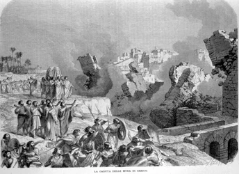 Jerikos murar kollapsade till ljudet av Hoseas trumpeter, vilket gjorde att hebréerna kunde gripa dem. Josuas bok. Gravyr av 1800-talet.