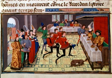 Bröllopsbanketten vid bröllopet av Clarisse, dotter till kung Yvon av Gascogne och Renaud Miniature från manuskriptet "Renaud de Montauban" eller "Les quatre fils Aymon" av Loyset Liedet (aktiv mellan 1448 och 1478). Fröken 5073. 1400-talets Bibliotheque