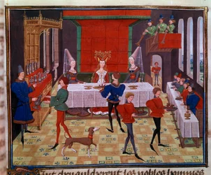 Bröllopsbanketten vid bröllopet av Clarisse, dotter till kung Yvon av Gascogne och Renaud Miniature från manuskriptet "Renaud de Montauban" eller "Les quatre fils Aymon" av Loyset Liedet (aktiv mellan 1448 och 1478). Fröken 5073. 1400-talets Bibliotheque