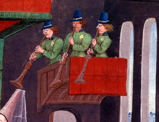 Bröllopsbanketten för Clarisse, dotter till kung Yvon av Gascogne och Renaud Detail som representerar trumpetspelarna. Miniatyr från manuskriptet "Renaud de Montauban" eller "Les quatre fils Aymon" av Loyset Liedet (aktiv mellan 1448 och 1478). Fru 5073.