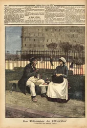 Arbetarlunchen, reproduktion av målningen av Henri Cain (1859-1930), målare och dramatiker. Gravyr i "" Le petit journal"" 1891-04-18. Selvas samling.