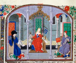 Teori om rättvisa. Miniatyr från manuskriptet (Ms 927 Fol.71v) "" Commentary on Political and Economic Ethics"" av den grekiske filosofen Aristoteles (383-322 f.Kr.) översatt av Nicolas Oresme (1325-1382)