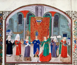 Teori om teologiska och kardinaldygder. Miniatyr från manuskriptet (Ms 927 fol.17V) "" Commentary on Political and Economic Ethics"" av den grekiske filosofen Aristoteles (383-322 f.Kr.) översatt av Nicolas Oresme (1325-1382)