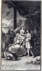 Thetis ger Akilles de nya vapen som hon gjorde till honom av Vulcan; och denna prins, efter att ha tagit emot dem, avsäger sig sin vrede mot Agamemnon och förbereder sig för att hämnas sin väns död. Illustration av bok XIX av Iliaden av Homere, Frenc