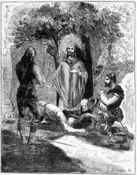 Tre av Saint Legers bödlar (616-677) kastade sig för hans fötter för att be om förlåtelse. Gravyr av 1800-talet.