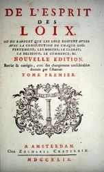 Titelsidan för "" Lagarnas ande "" av Charles Louis de Secondat, Baron de La Brede et de Montesquieu (1689-1755). Amsterdam Edition 1749.