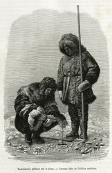 Tschuktschis fiskar på is i Koljutchinbukten (polcirkeln). Gravyr från den svenska upplagan, för att illustrera berättelsen "" Voyage de la Vega runt Asien och Europa", av Nils Adolf Erik (Eric) Baron Nordenskjold (Nordenskiold) (1832-1901), 1878-1880
