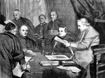 Vatikankonciliet I. Påve Pius IX omgiven av medlemmar av rådets styrelse. 1869
