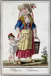 Venetiansk by med sin son. 1700-talsgravyr.
