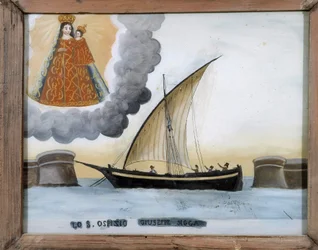 Kärl i svårighetsgrad - målning på glas, ex-voto av Notre Dame de Laghet, 25x32 cm
