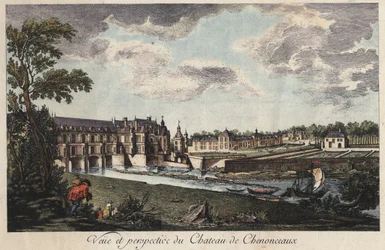 Utsikt och perspektiv av slottet Chenonceau i Indre-et-Loire (Frankrike) gravyr från 1700-talet